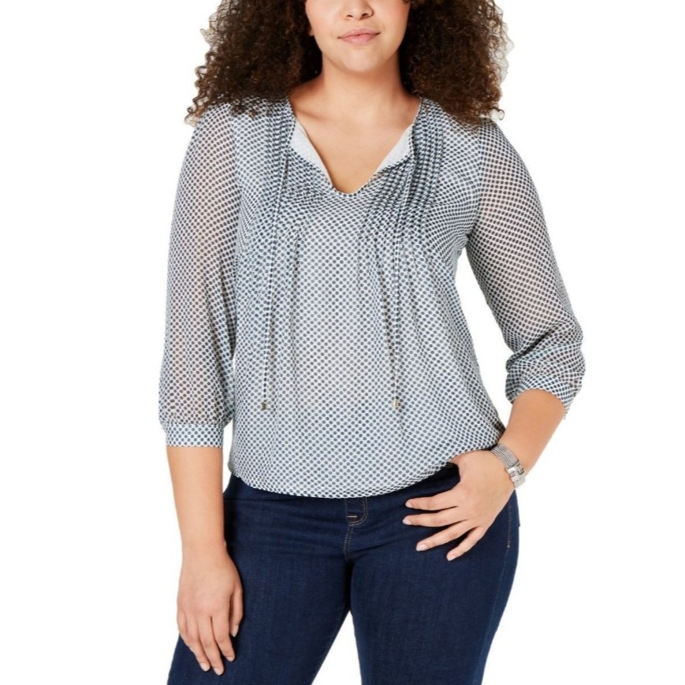 TOMMY HILFIGER Plus Size Dot-print Pintucked Blouse Shirt Top Size 0X